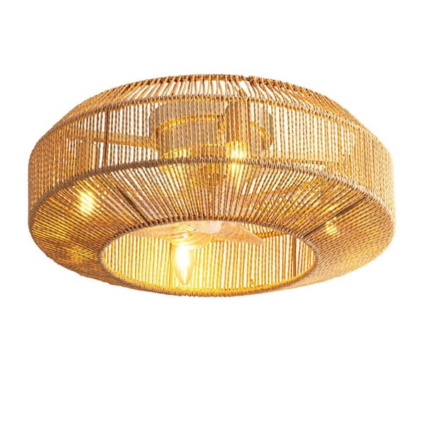 Boho 20 in. Indoor Gold Rattan Caged Low Profile Ceiling Fan with Remote Included with No Bulbs Included