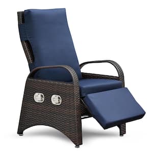 Brown Wicker Outdoor Recliner, 2-Buckle Adjustment with Modern Armchair, Ergonomic for Home and Navy Blue Cushions