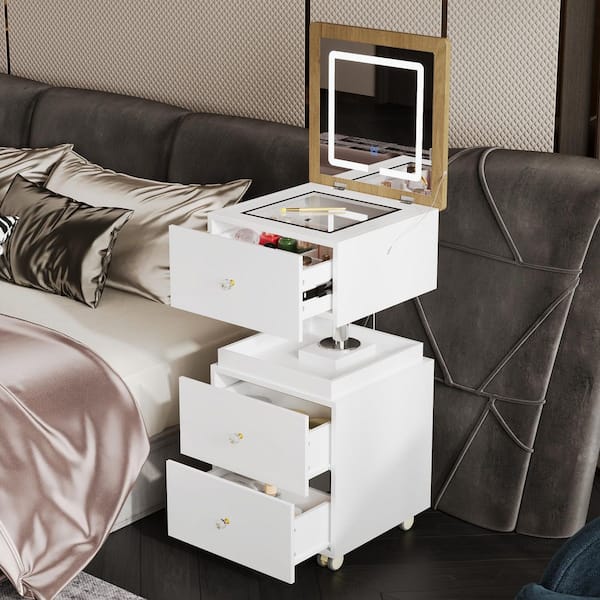 White Lift Makeup Vanity Desk with Flip-Top Lighted Mirrors, Glass Top Desktop, Universal Wheels, 3-Drawers, 360° Swivel