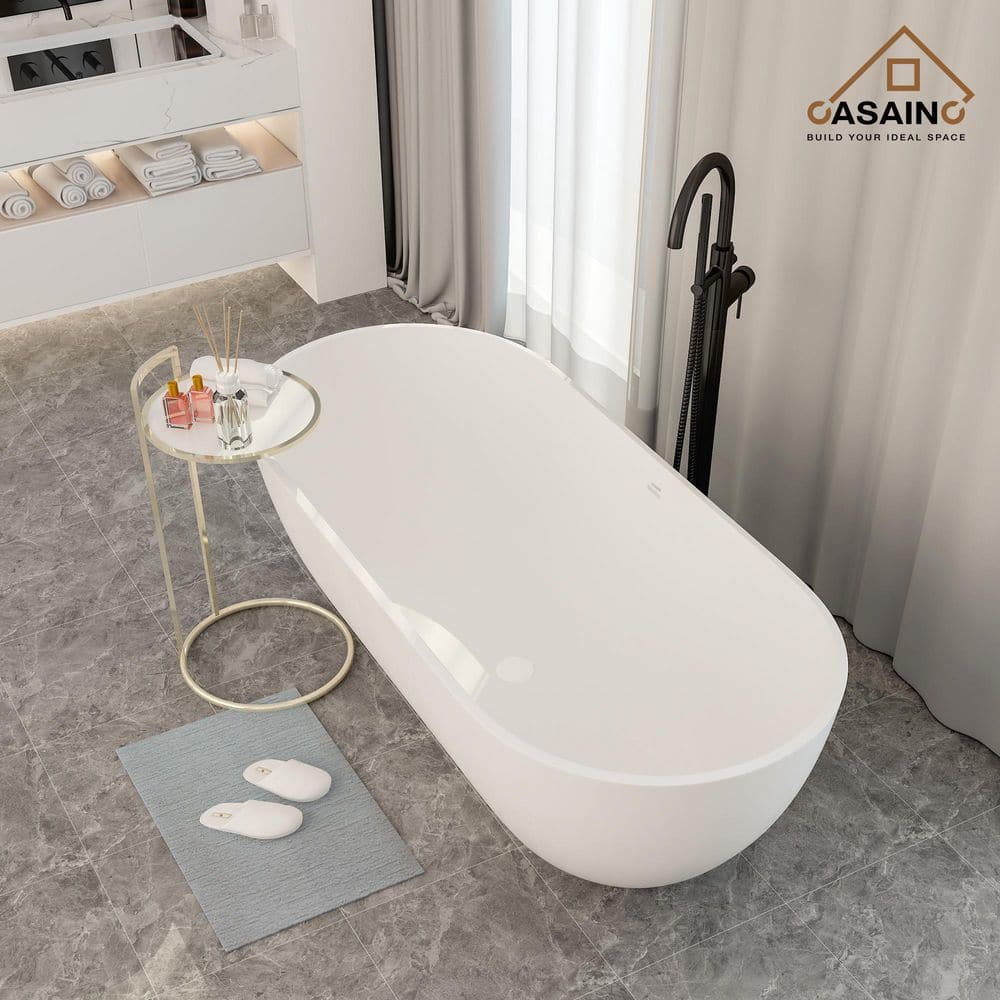 69'' Matte White Stone Resin Freestanding Soaking Bathtub