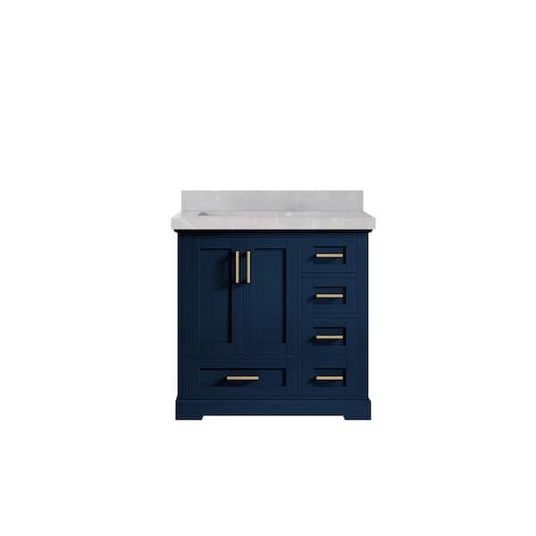 Willow Collections Boston 36 in. W x 22 in. D x 36 in. H Left Offset Single Sink Bath Vanity in Navy Blue with 2 in. Pearl Gray qt Top