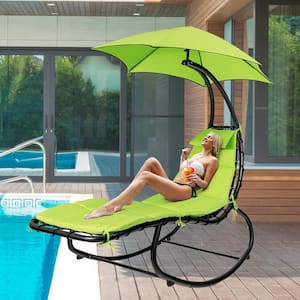6 ft. Free Standing Patio Hammock Chair Floating Hanging Chaise Lounge Chair with Green Canopy and Built-in Pillow