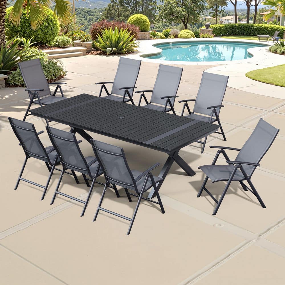 9-Piece 95 in. Black Aluminum Wood-Like Umbrella Hole Patio Outdoor Dining Set, Gray Adjustable Back Metal Chair price history on PriceWatchPro