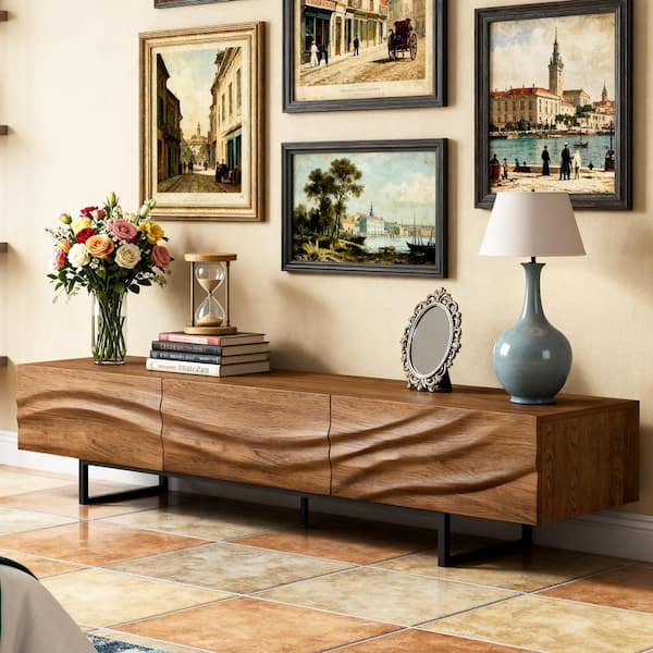 82.83 in. Solid Wood Drawer Front TV Stand for TVs Up to 90 Inches Living Room brown
