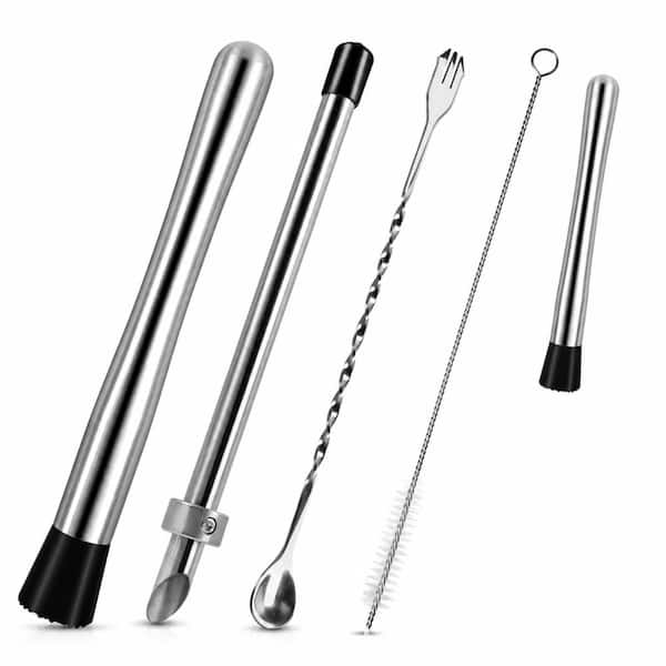 4-Piece Stainless Steel Cocktail Muddler Set with Straw Puncher, Long Handle Mixing Spoon, and Cleaning