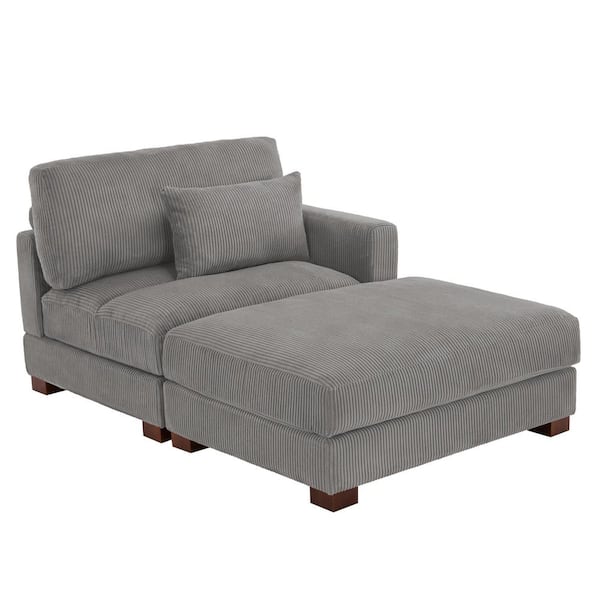 Uixe Modern Right Arm Facing Light Gray Corduroy Polyester Upholstered Sectional Chaise Lounge with Ottoman