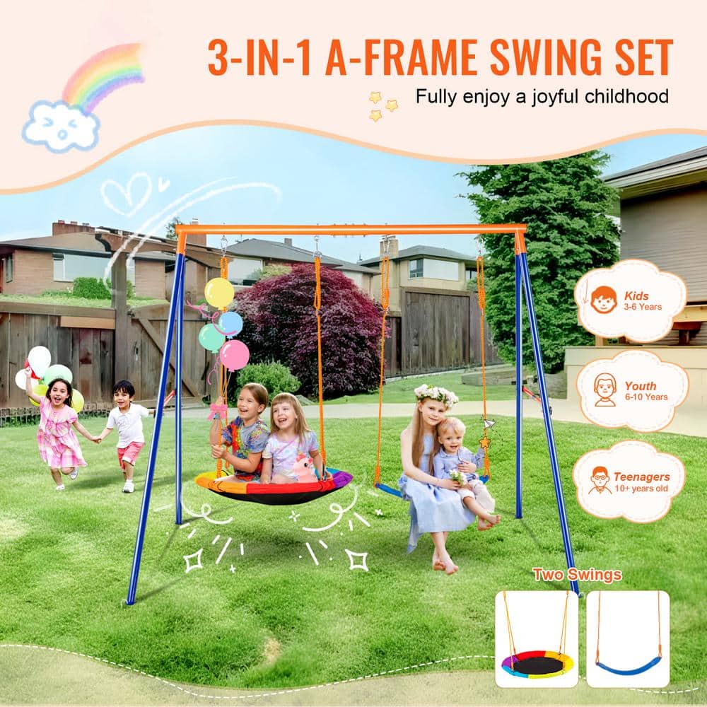Colorful Metal A-Frame Swing Set with Saucer and Belt Seats