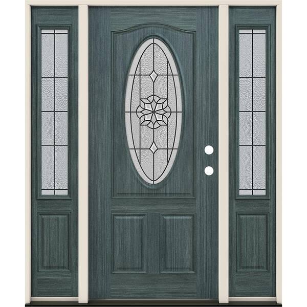 JELD-WEN 36 in. x 80 in. Left-Hand/Inswing 3/4 Oval McAlpine Decorative Glass Denim Steel Prehung Front Door with Sidelites