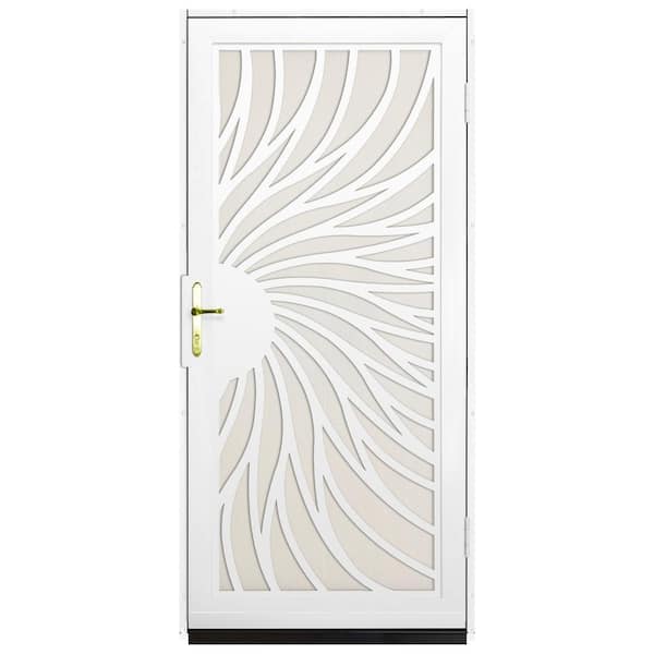 Unique Home Designs 36 in. x 80 in. Solstice White Surface Mount Steel Security Door with Almond Perforated Screen and Brass Hardware