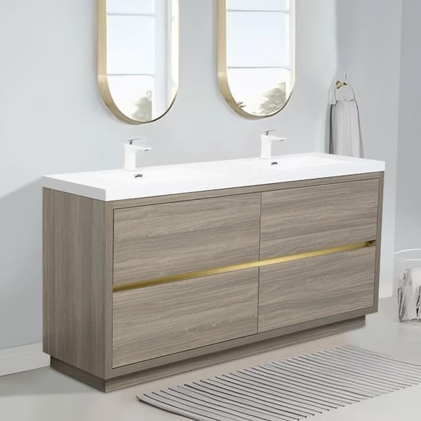Lafarre 70.87 in. W x 19.69 in. D Double Sink Freestanding Bath Vanity in Ash Grey with White Resin Top Assembled