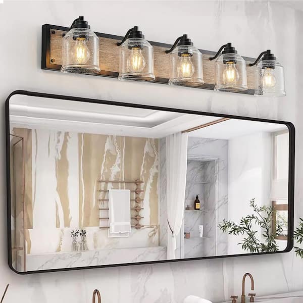 40 in. 5-Light Farmhouse Vanity Light Fixture Wall Sconce with Seeded Glass Shades,Rustic Black Wood Backplate,No Bulbs