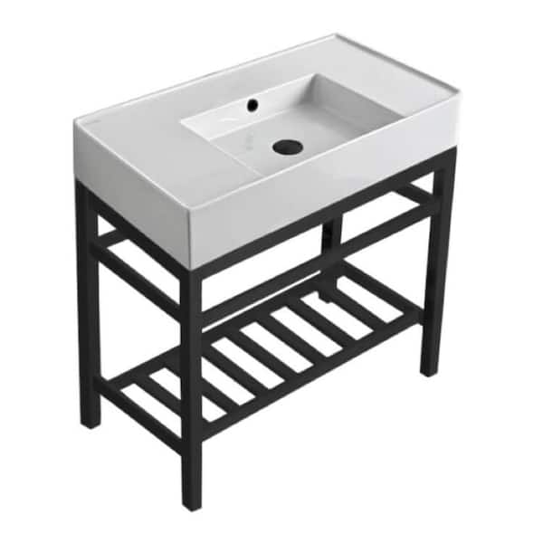 Teorema 2 Ceramic White Console Sink and Leg Combo in Matte Black