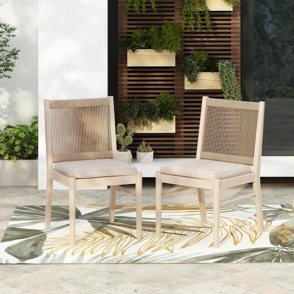 Zeus & Ruta 2-Piece Wood Beige Frame Patio Dining Chair Garden and Outdoor Side Chair with Beige Cushions