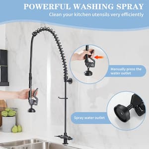 Commercial Restaurant Double Handles Deck Mount ShelfMaster Pre-Rinse Pull Down Sprayer Kitchen Faucet in Matte Black