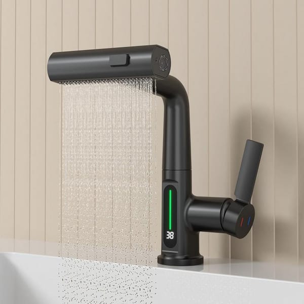 LORDEAR 3 Mode Waterfall Single Handle Pull Out Sprayer Kitchen Faucet with Adjustable Height in Matte Black, Deckplate Included