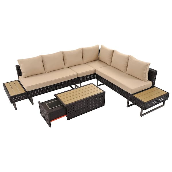 Brown Wicker Outdoor Sectional Set with Extendable Coffee Table and Khaki Cushions