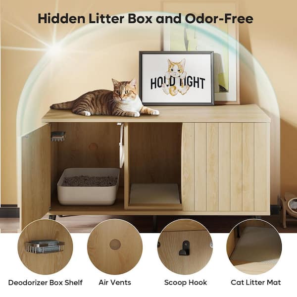 Natural Oak TV Stand Fits TVs up to 50 to 55 in. Large Cat Litter Box Enclosure with Litter Mat and Dog-Proof Design