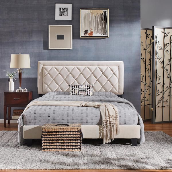 HomeSullivan Cream Velvet Fabric Queen Platform Bed