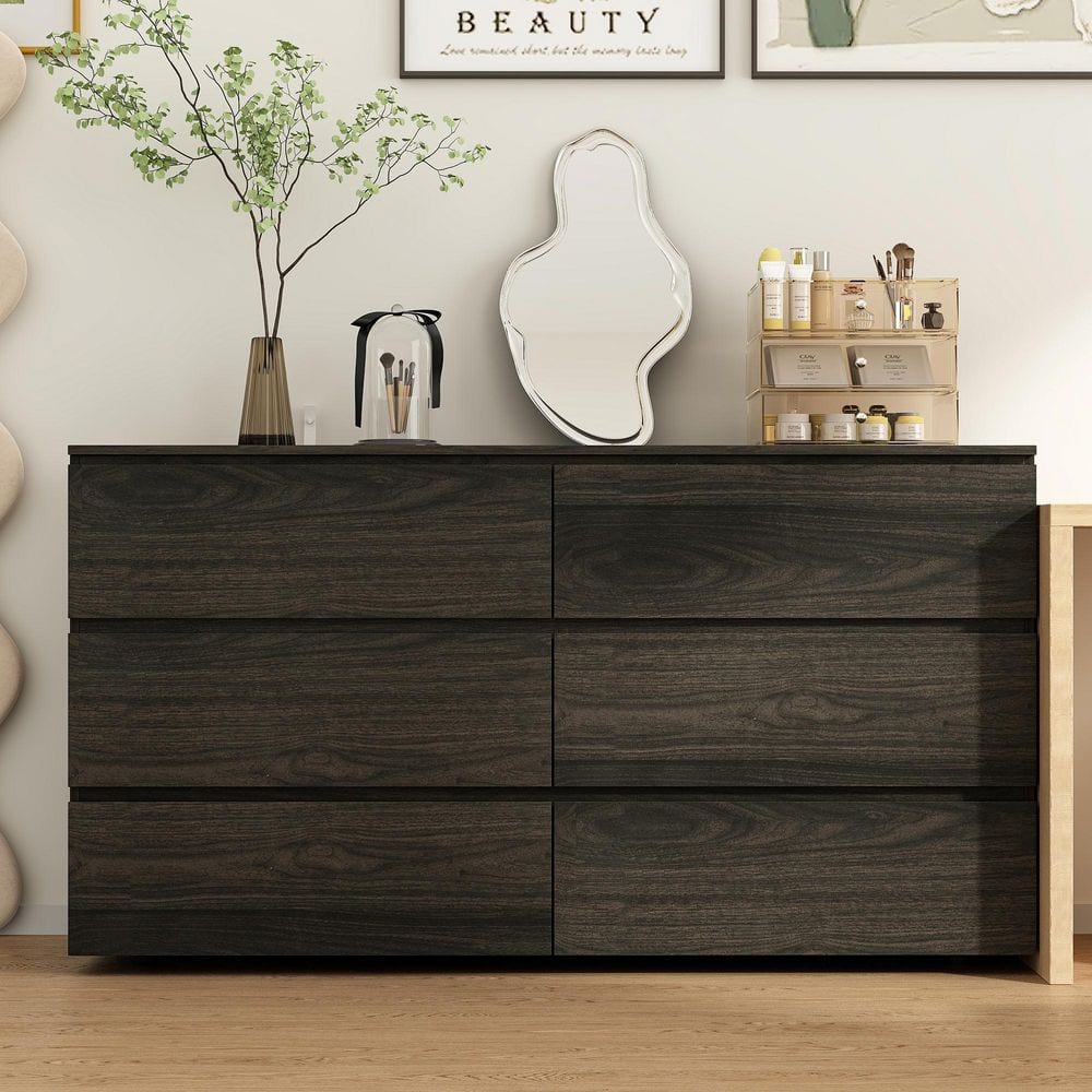 FUFU&GAGA Brown Wood Grain 6 Drawers 59 in. W Wooden Chest of Drawers, Dresser, Storage Cabinet L-THD-200151-04