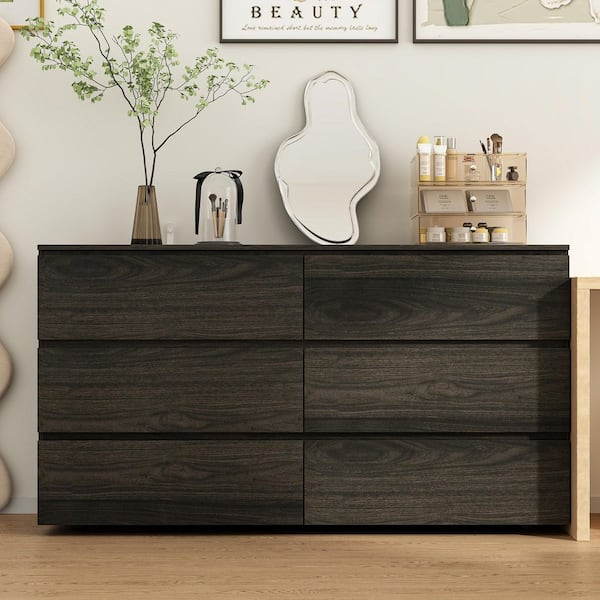 Brown Wood Grain 6 Drawers 59 in. W Wooden Chest of Drawers, Dresser, Storage Cabinet