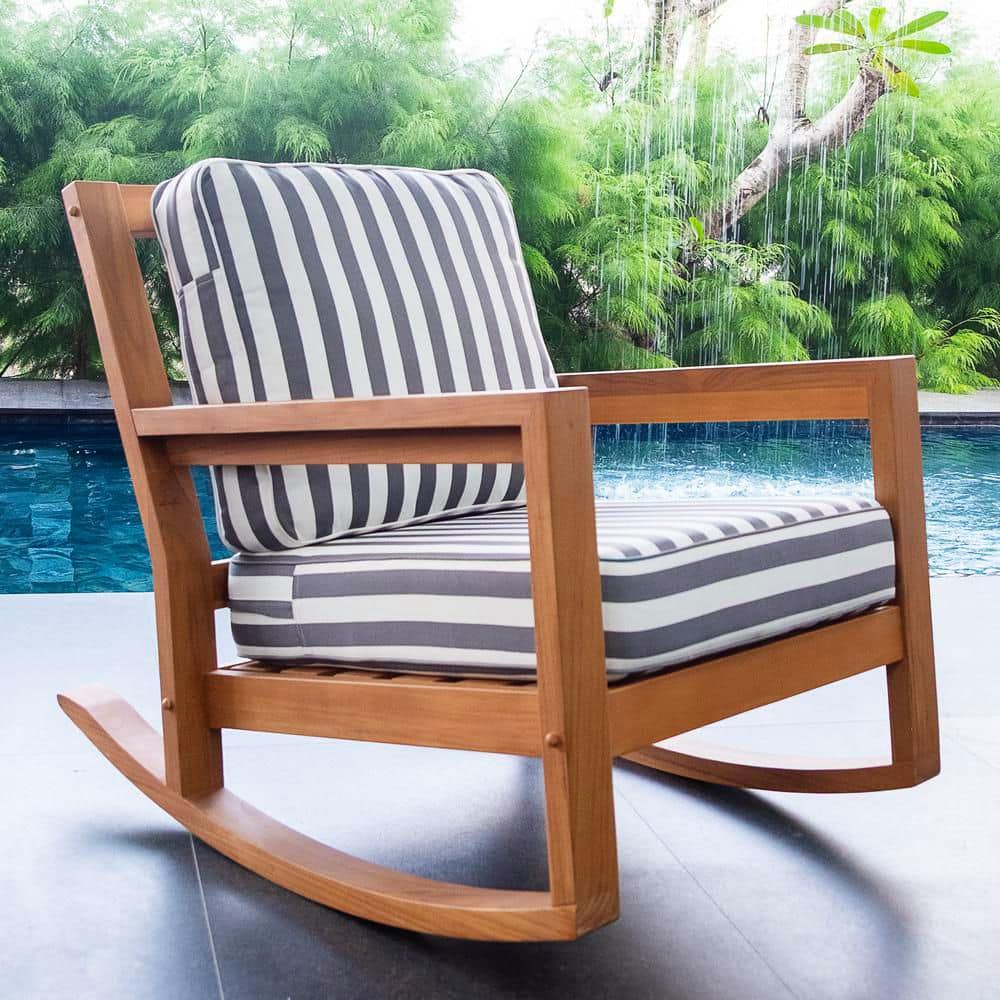 Klano Teak Wood Outdoor Rocking Chair with Stripe White Gray Cushion