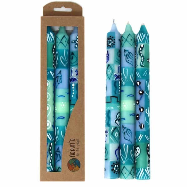 Unbranded Unscented Hand-Painted Dinner Candles in Blue, Boxed Set of 3 (Samaki Design)