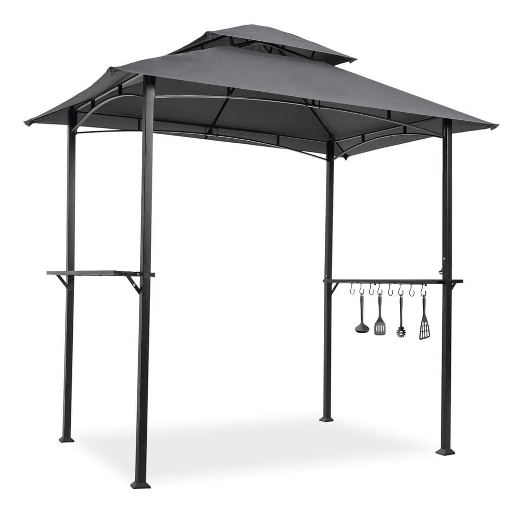 8 ft. x 5 ft. Black Steel Frame Outdoor Grill Gazebo Shelter Tent with Doub