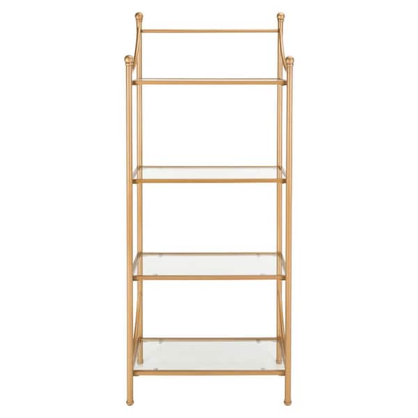 SAFAVIEH 64.75 in. Clear/Gold Metal 4-shelf Etagere Bookcase with Open Back