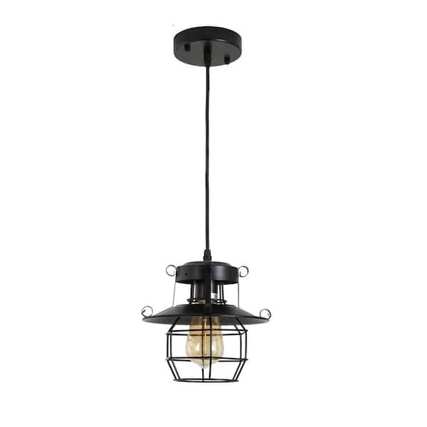 PUDO Vintage 1-Light Caged Black Pendant Light with Adjustable Height