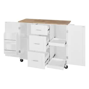 White Rubber Wood Kitchen Cart Door Internal Rack, 2 Slide-Out Shelves, 3 Drawer, Spice Tower Rack, 5 Wheels