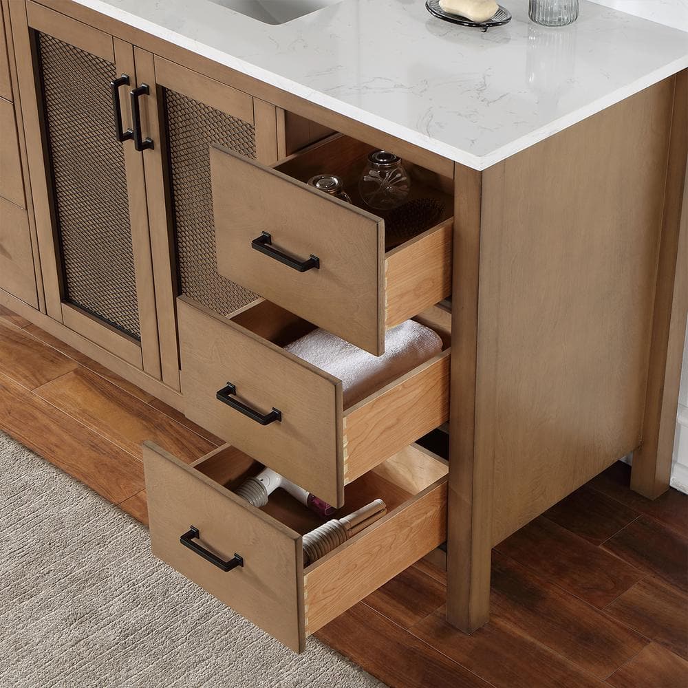 Hadiya 60" Brown Pine Vanity with White Composite Stone Countertop