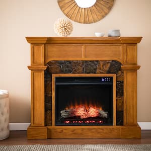 Shallaen 45.5 in. Corner Convertible Touch Panel Electric Fireplace in Mission Oak with Earth-Toned Faux Slate