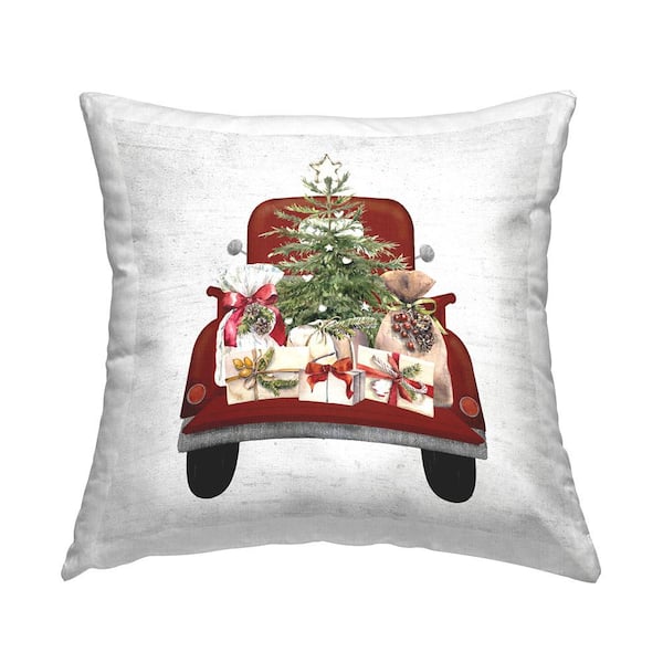 Holiday Christmas Tree Gifts Red Print Polyester 18in. X 18in. Throw Pillow