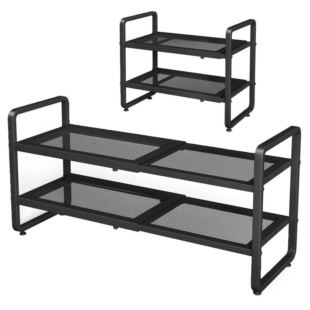 2-Tier Expandable Adjustable Black Metal Shoe Rack Stackable Mesh Shelf Storage Organizer for Closet Garage