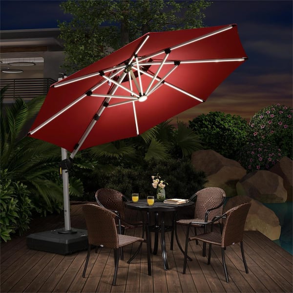PURPLE LEAF 10 ft. Octagon Aluminum Solar Powered LED Patio Cantilever Offset Umbrella with Base, Terra