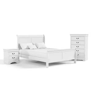 3-Piece Burkhart White Wood Queen Bedroom Set Bed and Nightstand with Chest