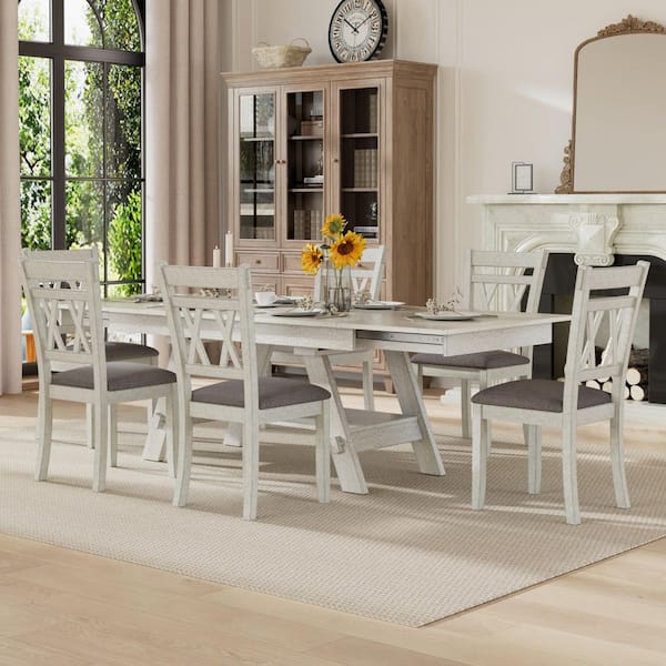 7-Piece Gray Expandable Dining Table Set with 6 Upholstered Chairs-Modern Farmhouse Style for Kitchen or Dining Room