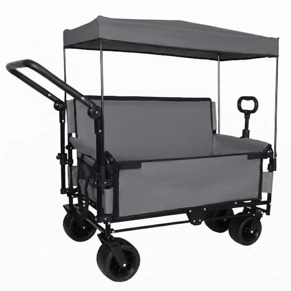3-in-1 Gray Outdoor Collapsible Wagon with Bench Seat and Removable Canopy, Folding Wagon Cart