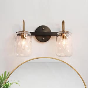 Modern 2-Light Vanity Light Brushed Black and Plating Brass Bathroom Wall Light with Jar Textured Glass Shades