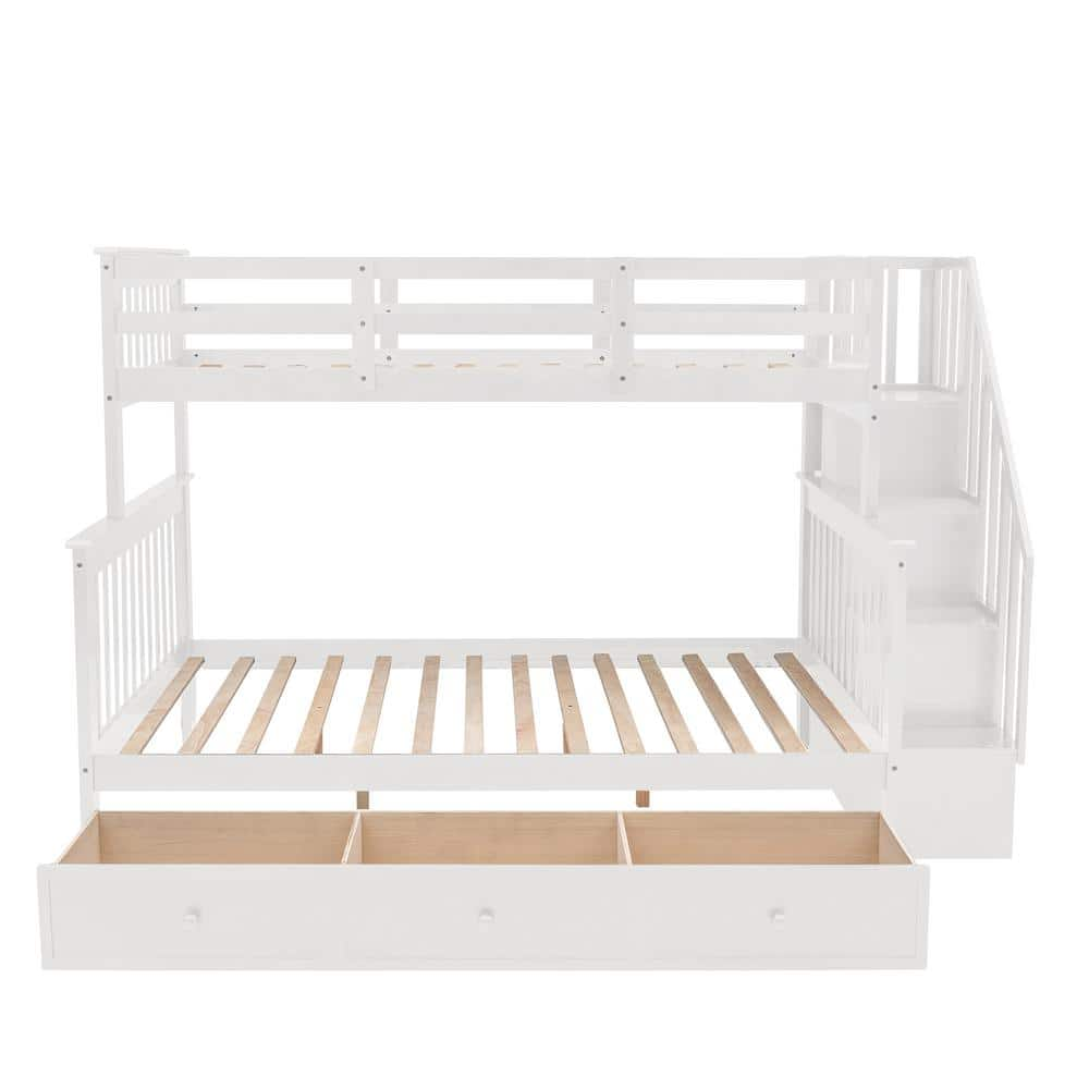 White Twin Over Full Stairway Bunk Bed with 3 Drawers and Bookshelves, Wood Kids Bunk Bed Frame with Stairway -  ANBAZAR, 01380ANNA-K