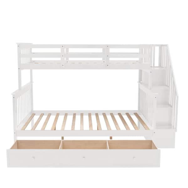 ANBAZAR White Twin Over Full Stairway Bunk Bed with 3 Drawers and Bookshelves, Wood Kids Bunk Bed Frame with Stairway