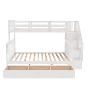 White Stairway Twin Over Full Bunk Bed with Drawer and Shelves