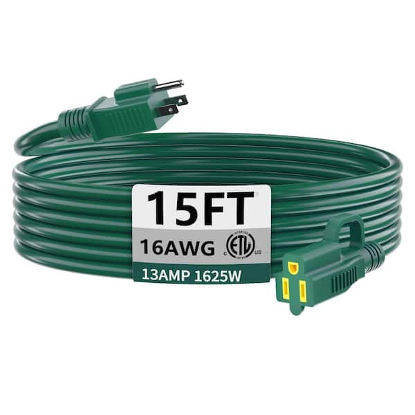 15 ft. 1625W 16/3 SJTW Gauge 13A 1625W Indoor Outdoor Extension Cord Waterproof Cold-Resistant Green 3 Prong