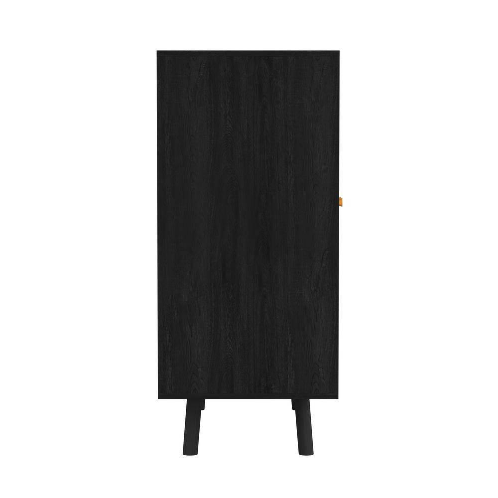 Ebony and Natural Rattan Mid-Century Modern Bar Cabinet