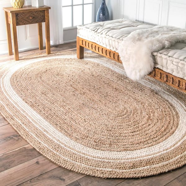 Rikki Braided Border Jute Off-White 4 ft. x 6 ft. Farmhouse Oval Rug