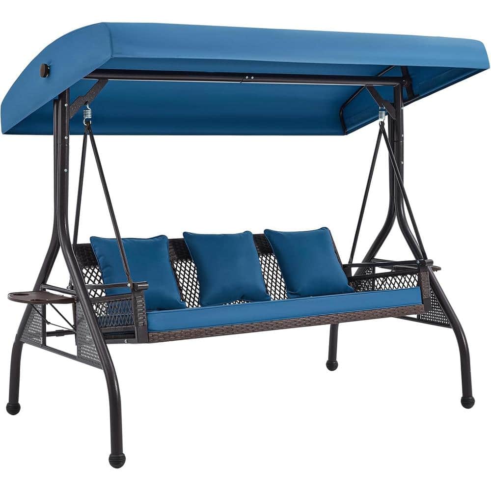 3-Seat Outdoor Metal Porch Swing with Cup Holder, Adjustable Canopy, Patio 