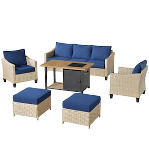 Oconee 6-Piece Wicker Modern Outdoor Patio Conversation Sofa Seating Set with a Storage Fire Pit and Navy Blue Cushions