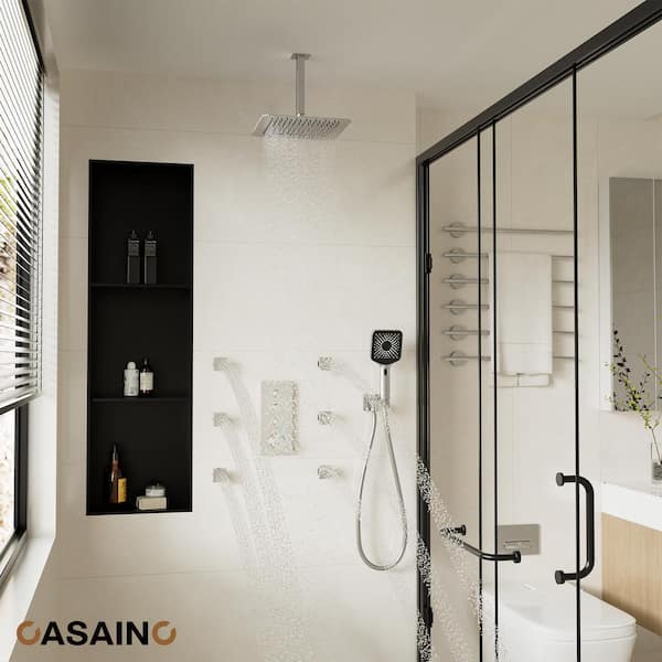 Luxury Thermostatic 3-Spray Patterns 12 in. Flush Ceiling Mount Rainfall Handheld Shower Head 1.8 GPM in Brushed Nickel