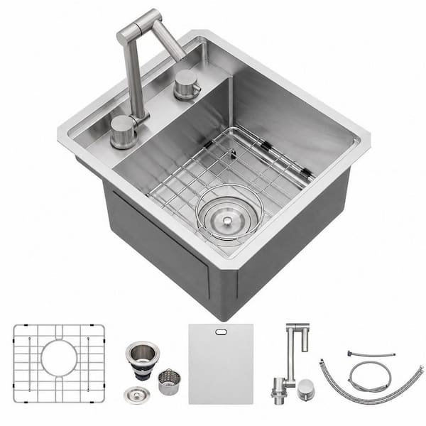 16 Gauge Stainless Steel 15 in. x 17 in. x 9 in. Undermount Bar Sink Workstation Single Bowl Handmade w/ Folding Faucet