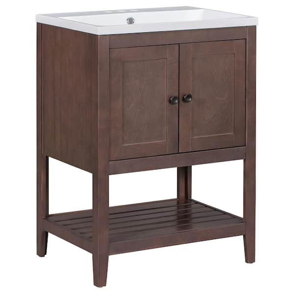 Unbranded 24 in. W x 17.8 in. D x 33.6 in. H Freestanding Bath Vanity in Brown with Ceramic Basin Top and Open Style Shelf